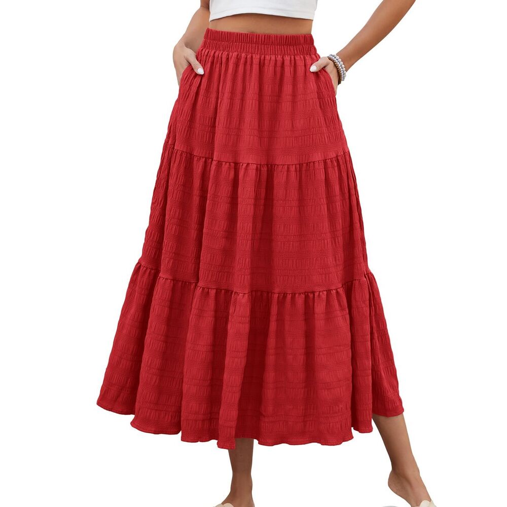 7792 Teacher Skirts Trendy Summer Elastic Waist Skirt with Pockets Loose
